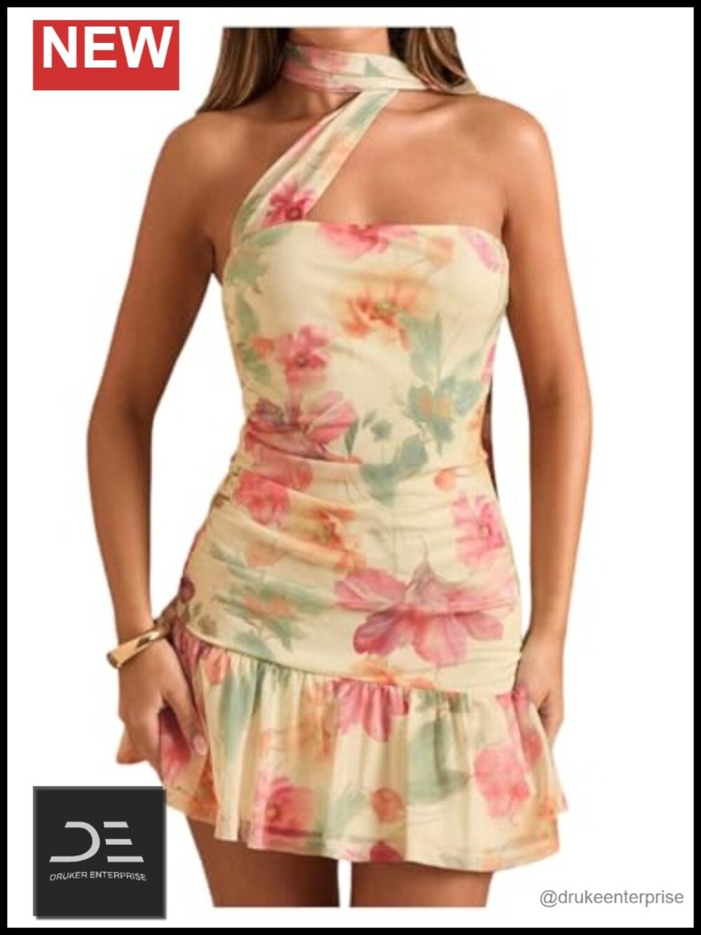 Women's Floral Halter Bodycon Mini Dress Sleeveless Ruffle Hem